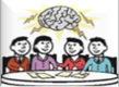 Illustration four people at a table with a large brain above them with lightning bolts emanating from it.